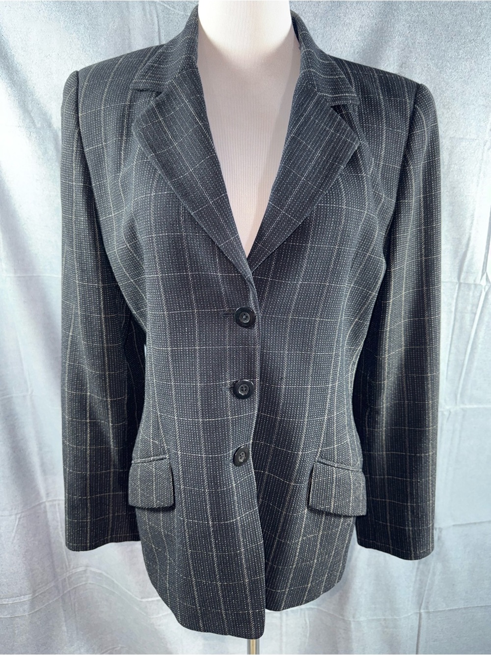 2413-Vintage Ellen Tracy Dark Gray Windowpane Blazer